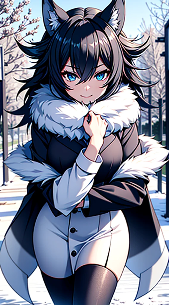 A young wolf girl with beautiful blue eyes, long white hair in a messy style, and prominent white wolf ears stands gracefully in a snowy landscape. She is dressed in a black leather jacket, which contrasts elegantly against the white scenery. Her body is adorned with intricate tattoos, adding to her unique and mysterious charm. The image captures her in a moment of happiness, as she smiles brightly, revealing her captivating beauty. In her hands, she holds a gleaming katana, symbolizing her strength and determination. The artwork is of the highest quality, with a resolution of 4k, ensuring every detail is meticulously rendered. The imagery exudes a sense of mastery and artistry, making it a true masterpiece. The scene is illuminated with soft, natural lighting, enhancing the overall ambiance. The color palette is vibrant and vivid, capturing the essence of the snowy landscape. This prompt guarantees the best quality image, inviting viewers to immerse themselves in the stunning visuals.