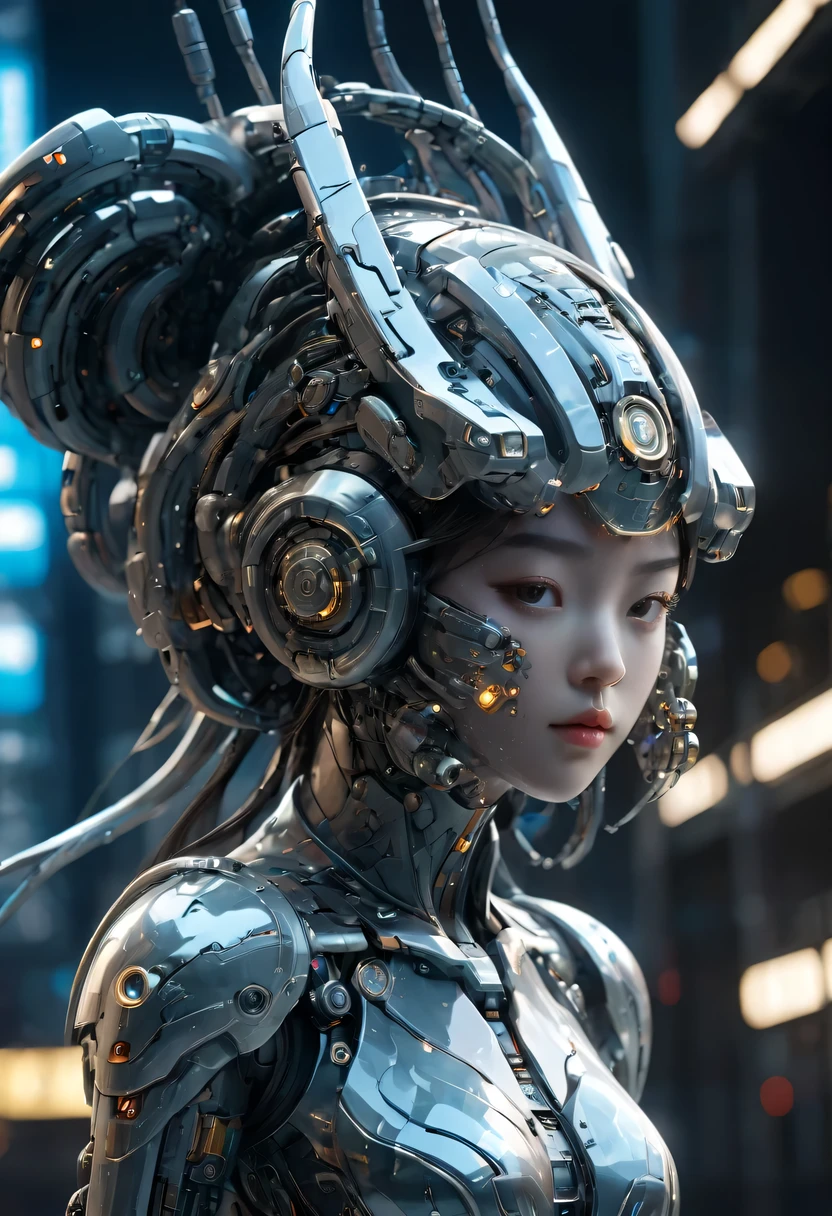 a chinese girl, whole body, clear facial features, amazing facial features, Chinese costumes, Chinese cyberpunk, Cyberpunk city headgear, hair accessories, Super complex design, mechanical mecha, technology, stunning lighting, c4d, Overclocked rendering, rim light, fine light, masterpiece, Super details, epic work, ultra high definition, high quality, 32k