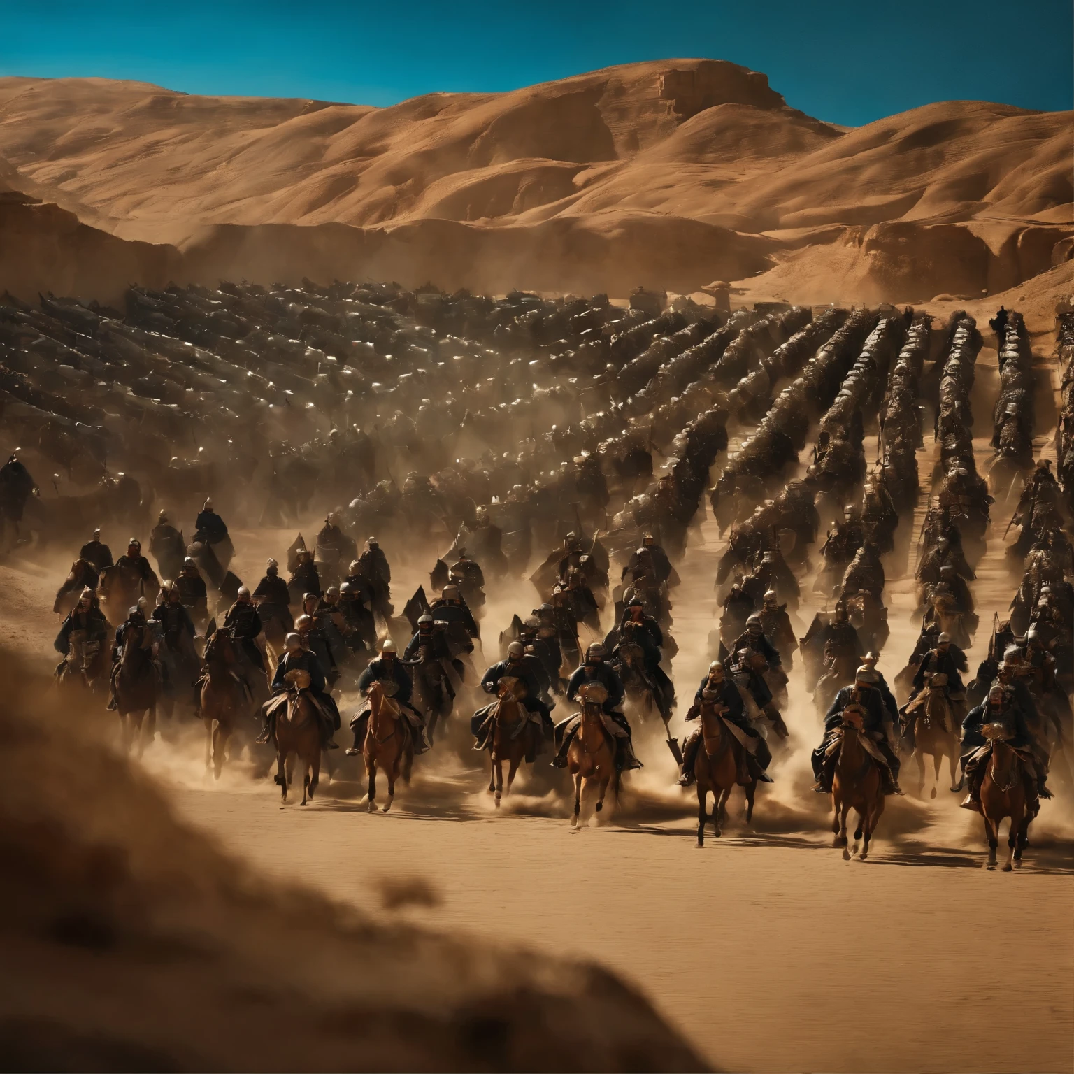 A battle is beginning in the canyon between many Spartan soldiers and a very large Persian army.