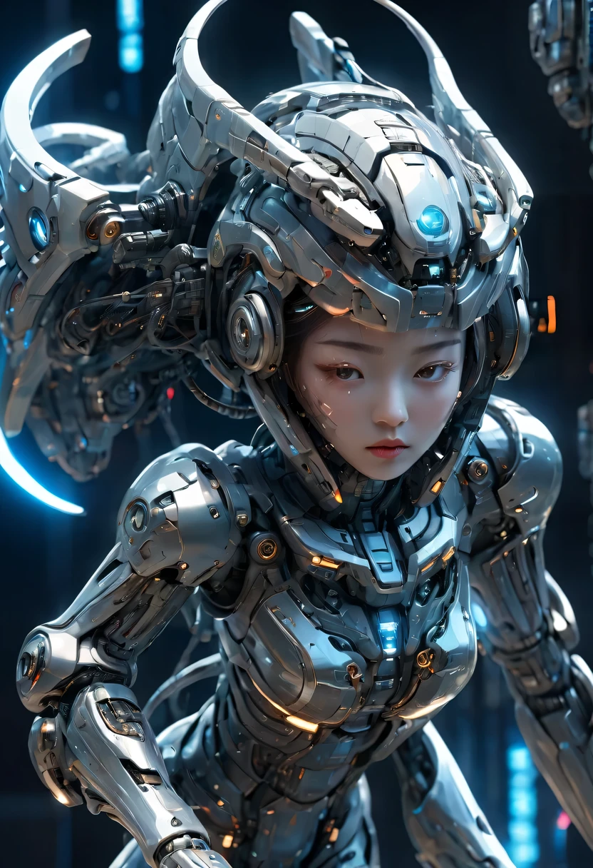 a chinese girl, whole body, clear facial features, amazing facial features, Chinese costumes, Chinese cyberpunk, Cyberpunk city headgear, hair accessories, Super complex design, mechanical mecha, technology, stunning lighting, c4d, Overclocked rendering, rim light, fine light, masterpiece, Super details, epic work, ultra high definition, high quality, 32k