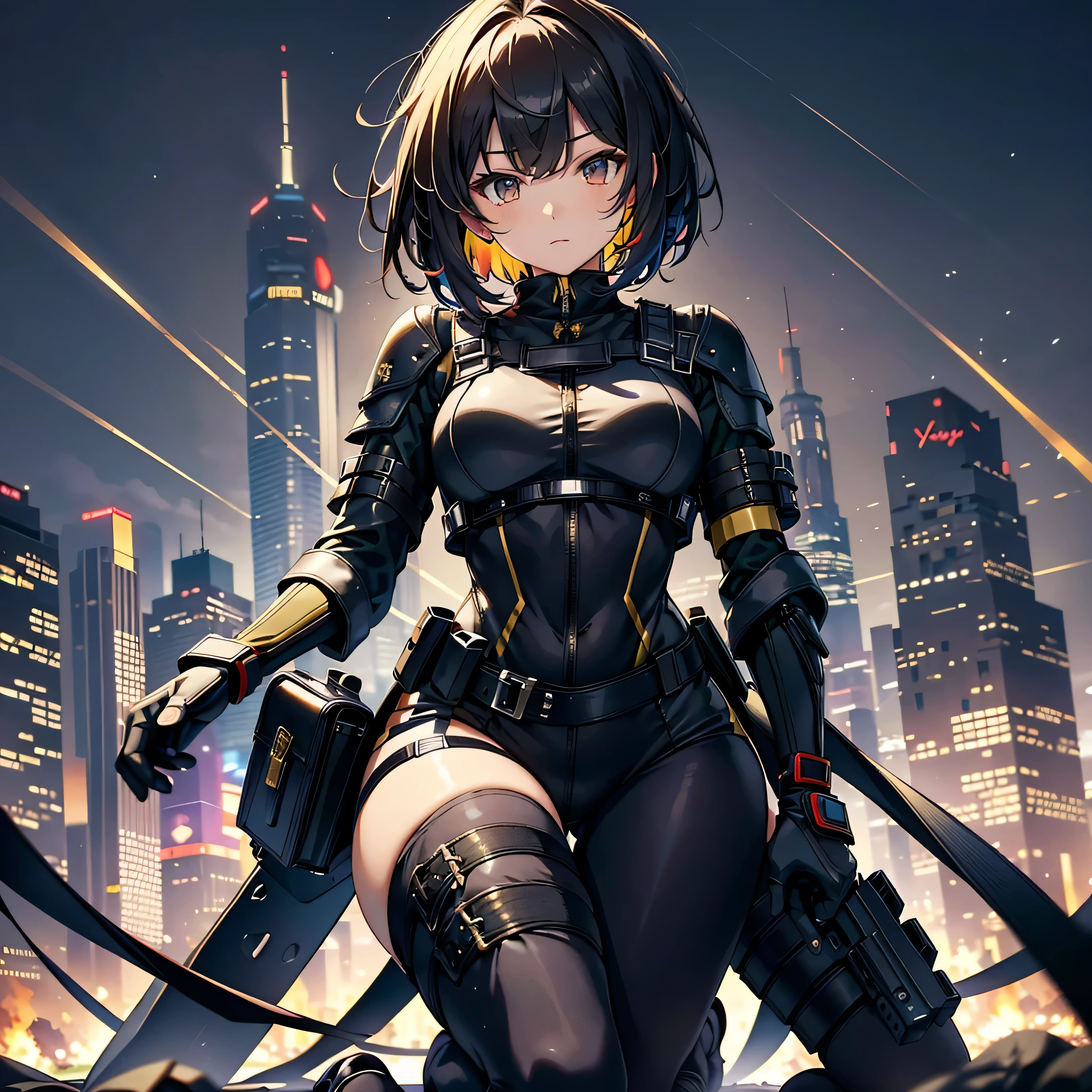 best quality，T Masterpiece，ultimate resolution，fluff，非常にcolorful，colorful，female combatant，（kneeling pose）（pointing at you with his butt）mature woman，Black Super Short Hair，tight combat uniform，tight suit，Steel City Background，night，normal posture，normal posture