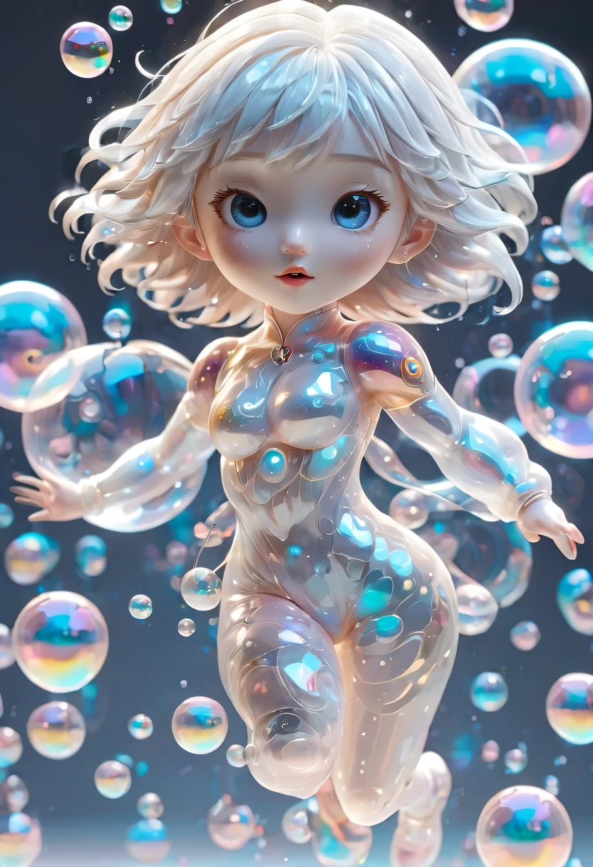 masterpiece, best quality, official art, 8k wallpaper, Very detailed, illustration, 1 girl, white hair, beautiful eyes, stocking pattern, Super charming Girl Full Body 3D Drawing, beautiful eyes, big eyes, charming, happy, c4d, Popular matte blind box, glow泡泡, Toy, solid color background, chibi, Fluorescent translucent, glow, kawaii, Toy娃娃, Bubble Mart Blind Box, Pixar, intricate details, 3d rendering, blender, Overclocked renderer, body reference table,dribbble,high detail,8k,studio lighting,Change,,childi ,
