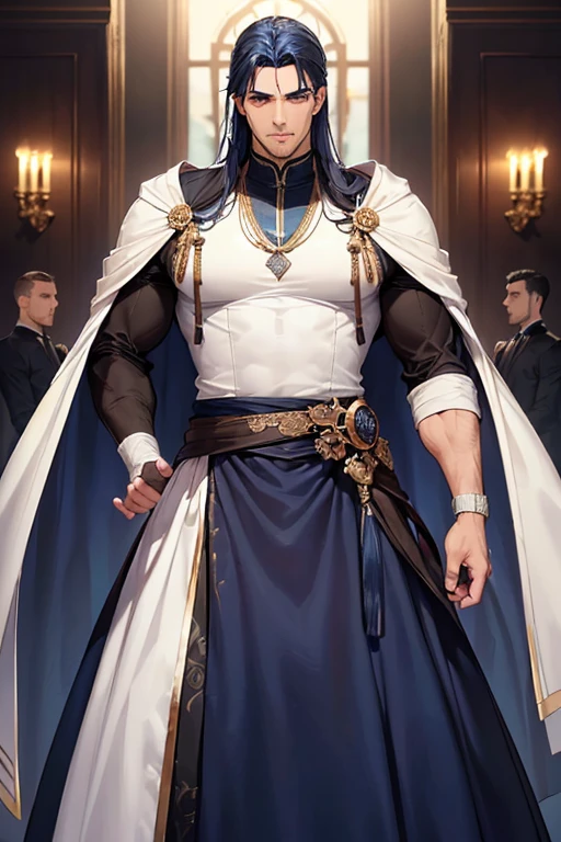 ((muste piece)), ((best quality)), ((brown skin)), ((dark blue eyes)), ((Dark blue hair))、handsome man , masculine、tall、sexy、Adult man、Three white eyes、handsome man、firmly、muscular、broad shoulders、(((long gown))、 (highest quality), very detailed, focus only, very detailed顔,
