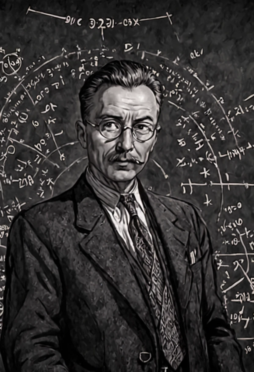 best quality,portrait's Kentaro Miura style,ultra-detailed, black and white colors,high-res, Adult Robert Oppenheimer,eminent physicist, detailed face and expression,serious gaze,T-shaped glasses,beard and mustache,shadowy lighting, 1940s attire,tweed jacket and bow tie,background with scientific symbols and equations, intense and dramatic atmosphere,captures the complexity of Oppenheimer's character and contributions to the atomic bomb, inspires sadness and reflection, visible drawing lines, black formal suit, upper body shot. blackboard on the background
