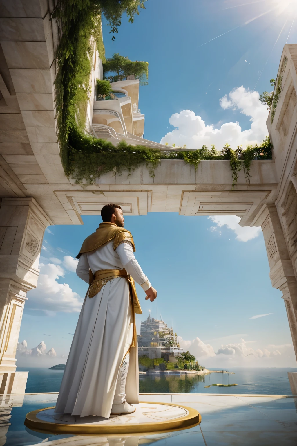 man in a white and gold attire, looking up to a tall epic fantasy buildings, located on a floating island, marble floor, high fantasy, epic, digital art
