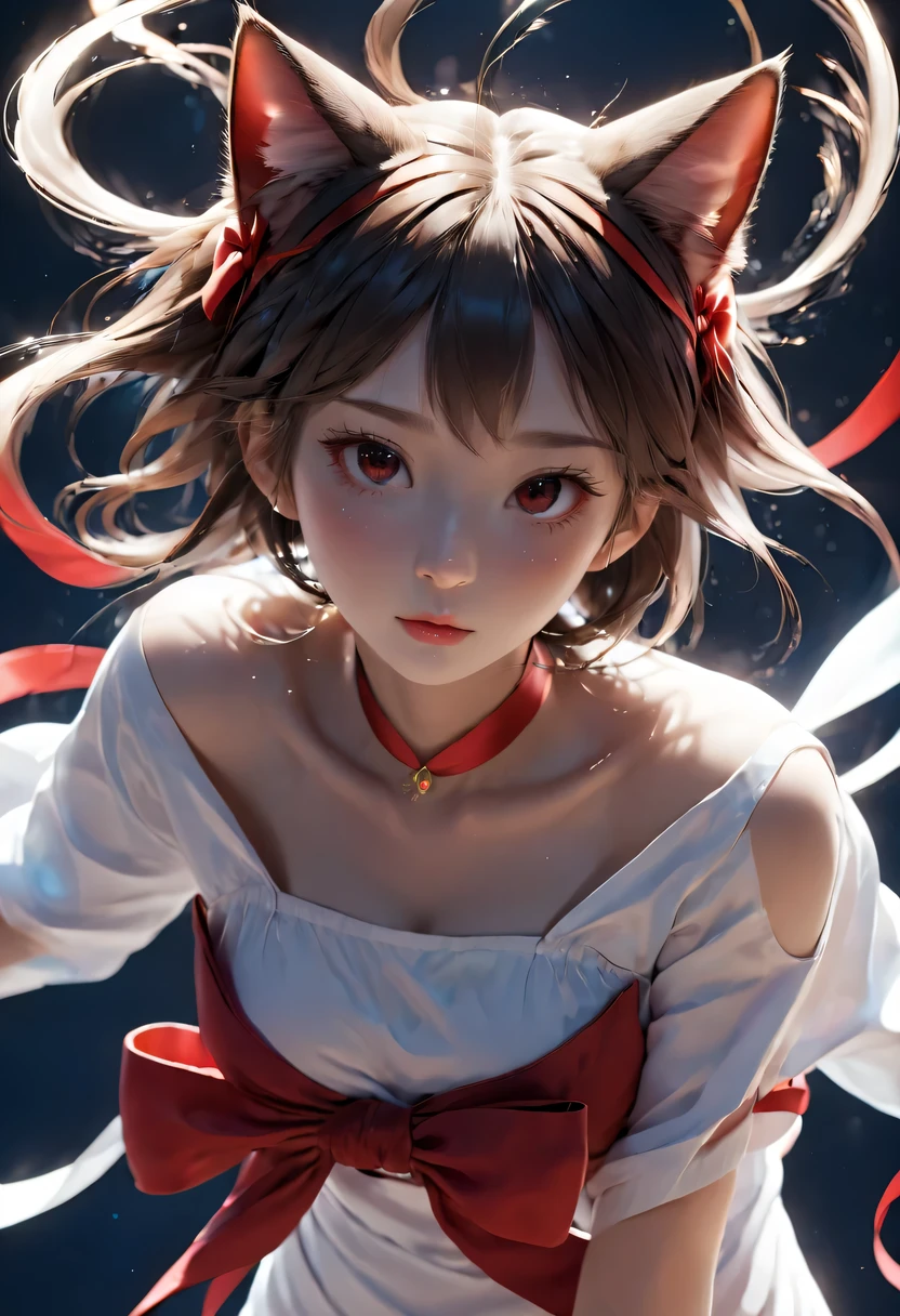 ((best quality, 8k)) 站在城市前的长发Cat ears anime girl, Rin Tosaka, Anime cute art style, destiny anime style/spend the night with, anime long hair girl, Very cute anime girl face, night nucleus, girls from the front lines, cute anime girl portraits, Cat ears anime girl, High quality anime art style, "Beautiful anime woman", There is a little red ribbon on the head