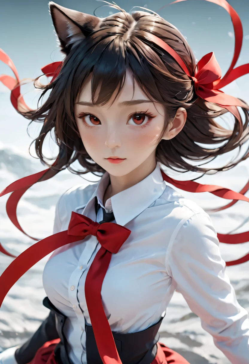 ((best quality, 8k)) 站在城市前的长发Cat ears anime girl, Rin Tosaka, Anime cute art style, destiny anime style/spend the night with, anime long hair girl, Very cute anime girl face, night nucleus, girls from the front lines, cute anime girl portraits, Cat ears anime girl, High quality anime art style, "Beautiful anime woman", There is a little red ribbon on the head