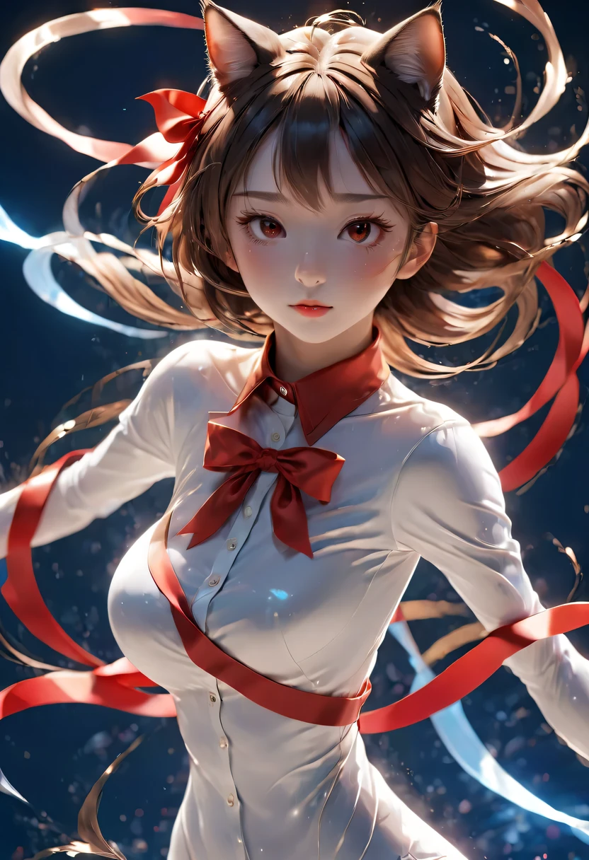 ((best quality, 8k)) 站在城市前的长发Cat ears anime girl, Rin Tosaka, Anime cute art style, destiny anime style/spend the night with, anime long hair girl, Very cute anime girl face, night nucleus, girls from the front lines, cute anime girl portraits, Cat ears anime girl, High quality anime art style, "Beautiful anime woman", There is a little red ribbon on the head