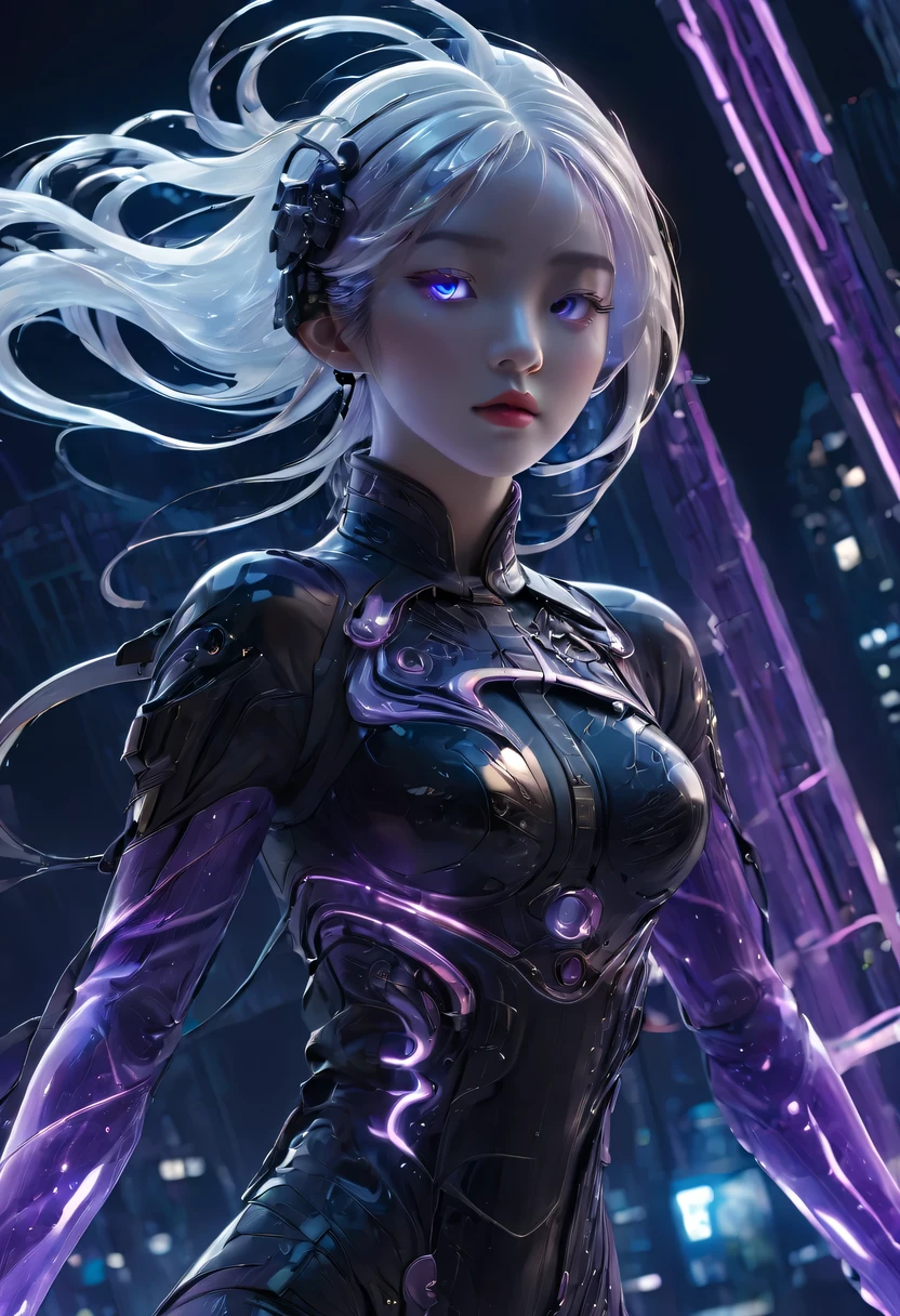 1 girl, Chinese_clothing, liquid purple titanium black, Online Hanfu, On the cheongsam, Cyberpunk City, dynamic poses, Details Illuminated Headphones, Luminous hair accessories, long white hair, Luminous earringss,glow necklace,cyberpunk character, a high-tech city, Full of mechanical and futuristic elements, Afu Futurism, technology,glowing neon lights,purple,purple light,translucent black gauze,black ribbon,laser,Digital background city sky,big moon,with cars,best quality,masterpiece,8k,Character edge light,Ultra high detail,high quality,The most beautiful woman among men,faint smile,The face is symmetrical from side to side,facing forward,earrings,beautiful student,Lighting effects,visual data,Dark black hair,ultra detailed facial texture,Black glossy leather gloves,elevation shooting