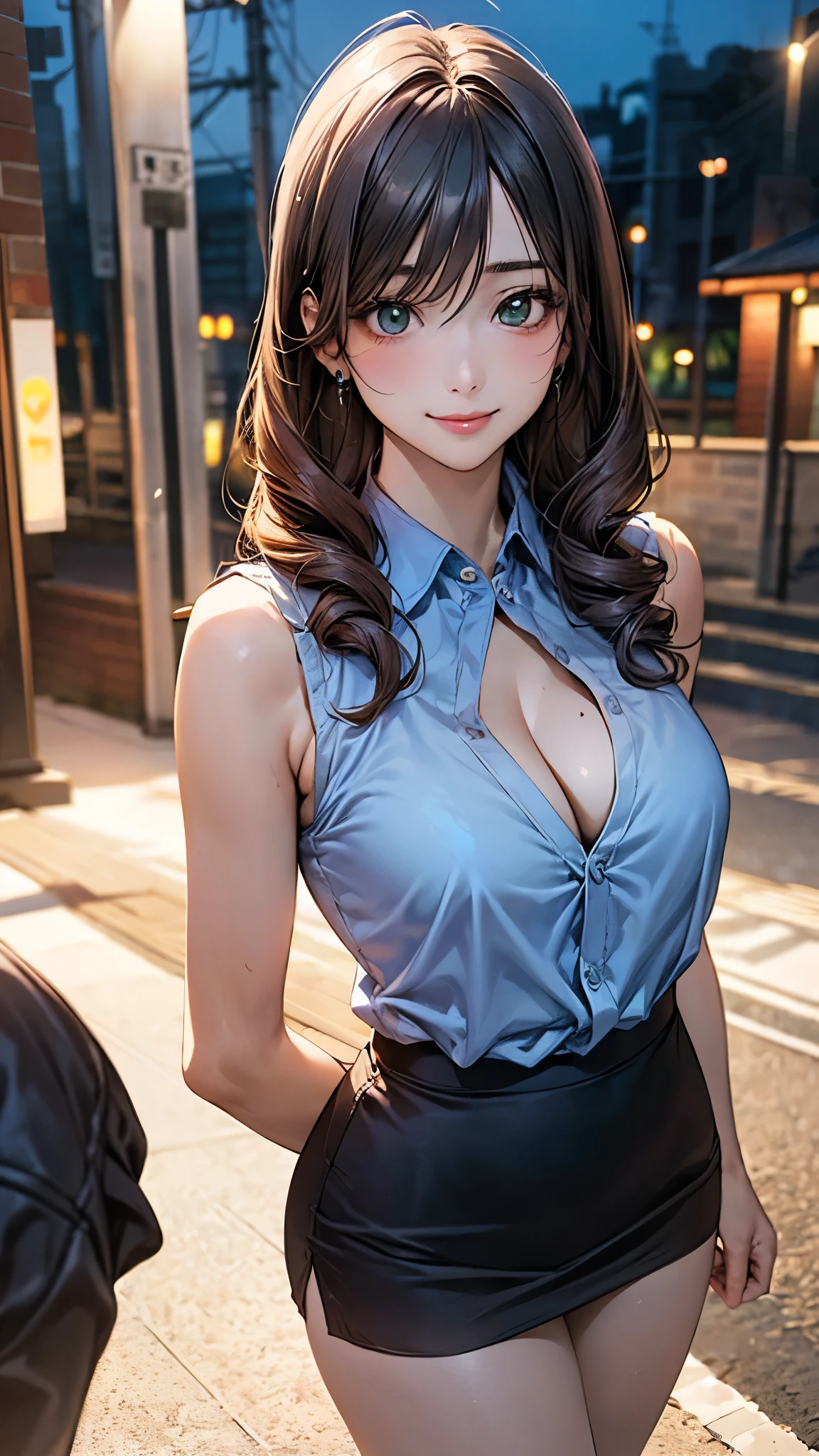 (masterpiece:1.2, top-quality), (realistic, photorealistic:1.4), beautiful illustration, (natural side lighting, movie lighting),
looking at viewer, cowboy shot, front view:0.6, 1 girl, japanese, high school girl, perfect face, cute and symmetrical face, shiny skin,
(long hair:1.8, drill hair:1.7, dark brown hair), hair between eye, emerald green eyes, long eye lasher, (large breasts:0.9, thick thighs),
beautiful hair, beautiful face, beautiful detailed eyes, beautiful clavicle, beautiful body, beautiful chest, beautiful thigh, beautiful legs, beautiful fingers,
((light blue sleeveless collared shirts, cleavage, black tight mini skirt, high heels)), pink panties,
(beautiful scenery), evening, riverside, walking, hands on chest, (lovely smile, upper eyes),