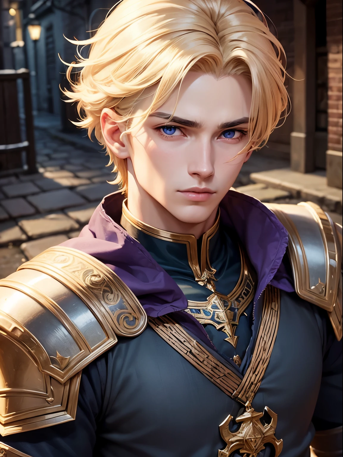 boy,handsome,19 years old, finely detailed eyes,blue eyes,skin light tone,blond hair, intricate details, portrait, looking at viewer, solo, (full body:0.6),intricate details,(best quality, masterpiece, colorful, highest detailed),8k ,detailed background, detailed face, dynamic pose,purple commander armor,commander, high fantasy medieval setting, dark alleyway background,night