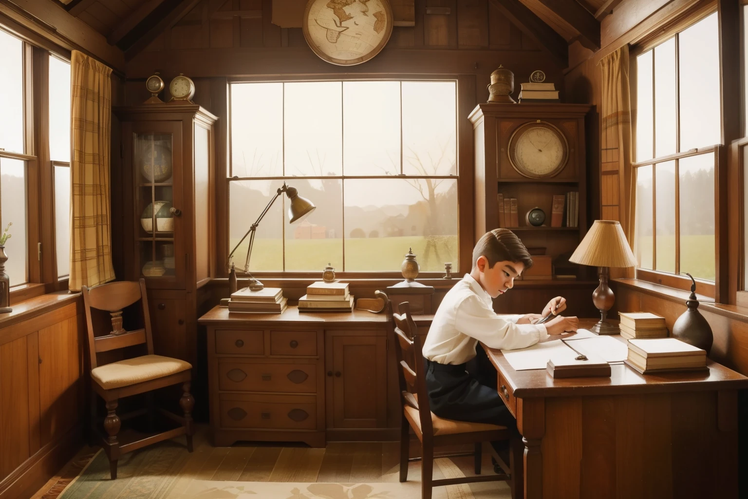 Within the cozy study of a Tudor-style cottage in the 1910s, a twelve-year-old Latino boy, with tousled brown hair, earnestly sketches a quaint landscape outside the window, the room adorned with vintage globes and antique writing desks.