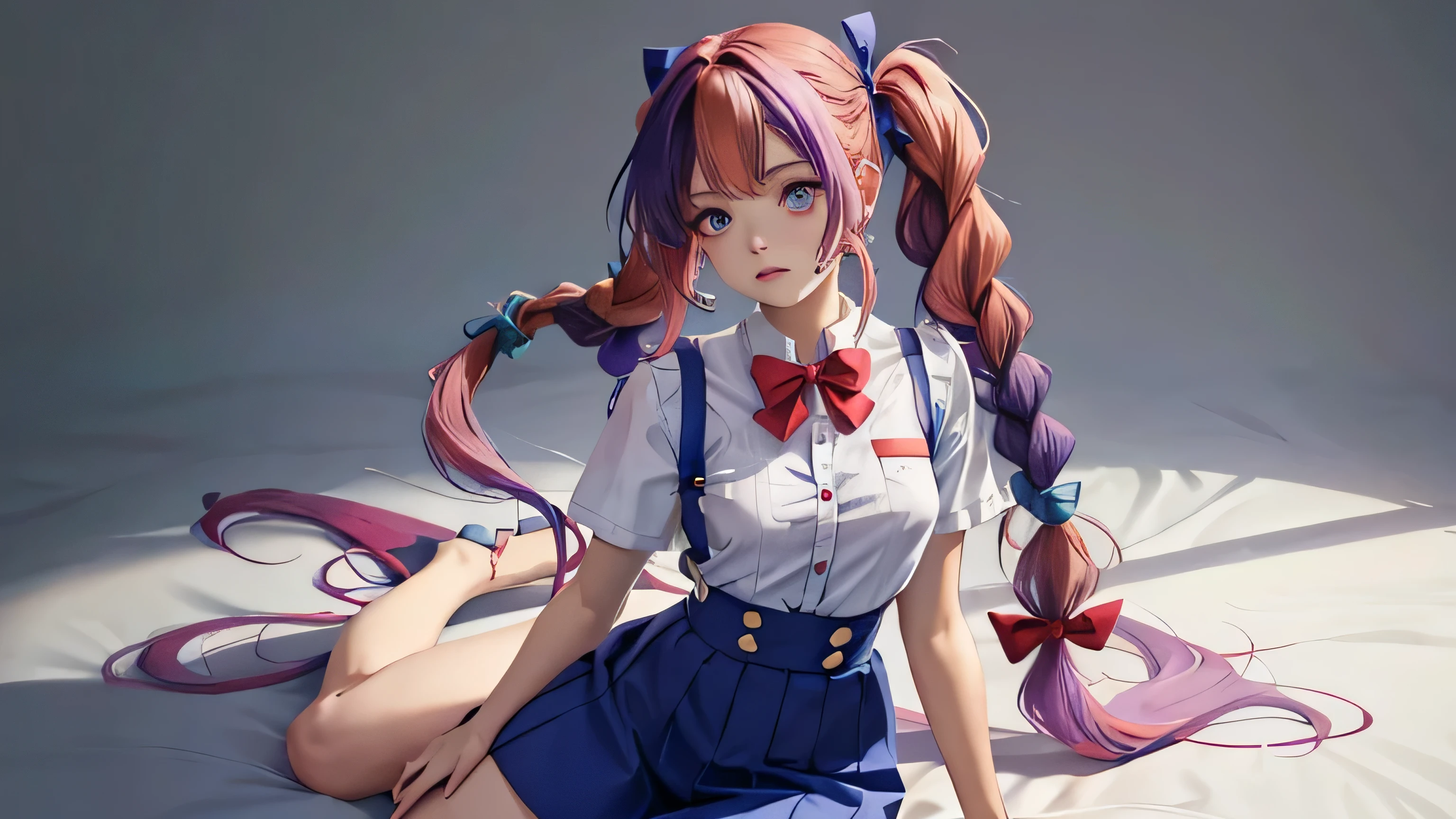 1girl, solo, kneeling, sitting on floor, dynamic pose, full body, red hair color, 5 dying color on hair, twintails, pigtail, (ring hair), (((gradient color hair))), ombre hair, ((braided hair rings)), wavy hair, (((mixing violet color))), (colorful hair), multiple hair color, ((enhancement hair color)), ((galaxy color)), (((kawai hair style))), hair clip, hair bowtie, ((blue bow + red bow)), aqua eyes, (high neck), white shirt, ribbon, jewelry, button, pretty face, ((cute face)), thigh gap, small breast, grey background