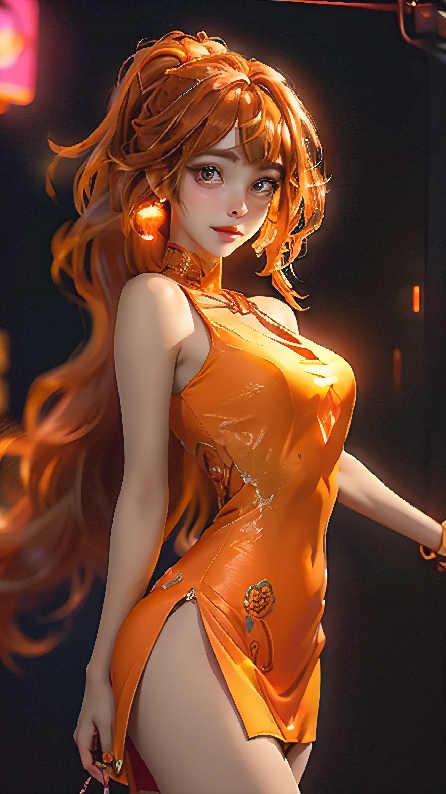 8k, hight quality, best quality, teenager, lunar on the cheek, armpits, adult, thin waist, redhair, ,long tail of red hair, brunette skin, yellow eyes, sexy look, (waifu), big legs, shotrs dress, big hips, stand up, red lips.