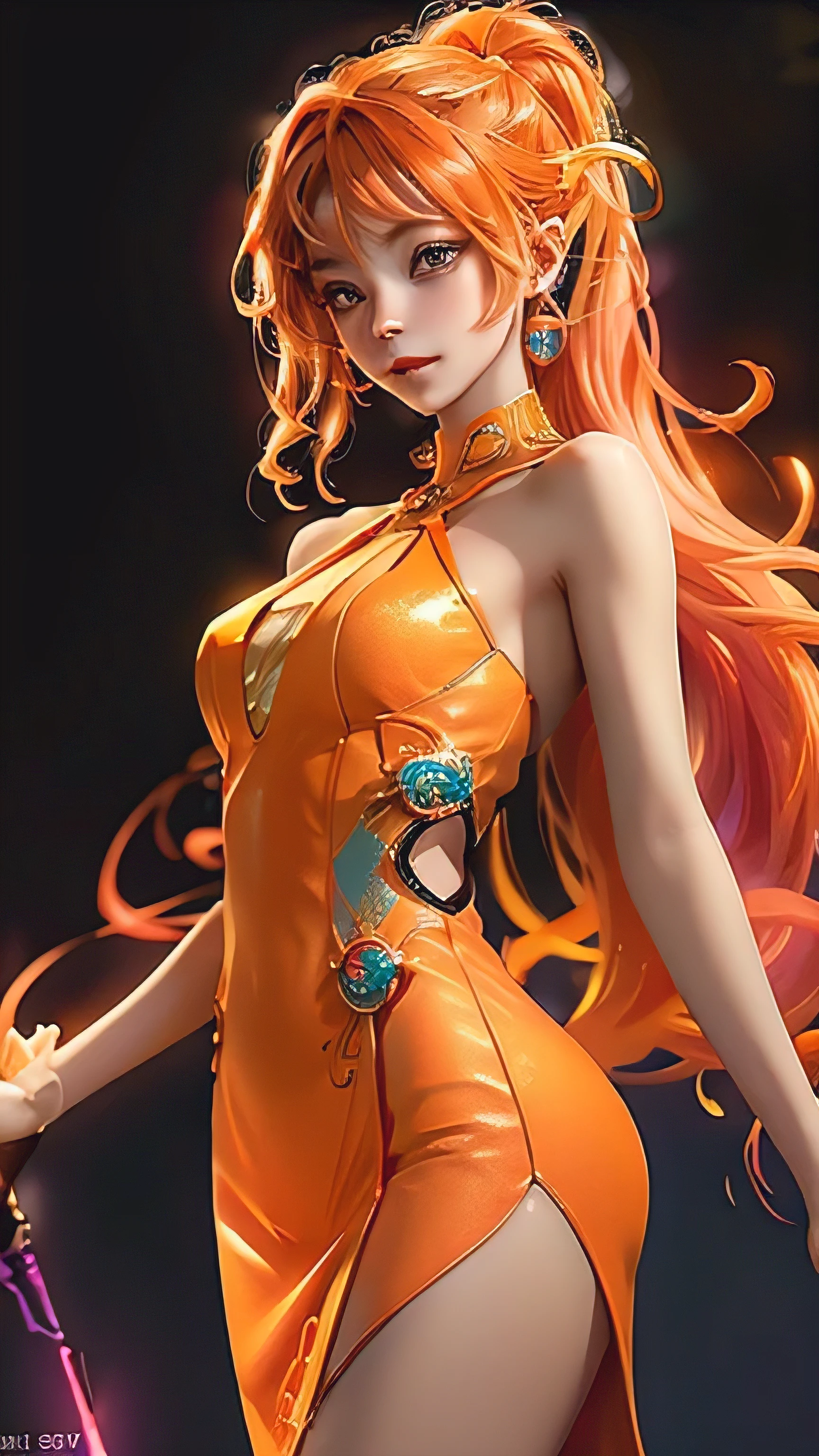 Located in the center of a neon-lit metropolis, A charming young girl emerges from the shadows. Her delicate features and lovely face are illuminated by the warm glow of the surrounding orange neon lights. her eyes, With intricate eyelashes and delicate, expressive eyes, Shining with deep light. long cascade, Flowing orange hair framed her face, Adding to her charm.
Her outfit is a glamorous cyberpunk orange dress, Each neon sign is connected to the next, The exposed waist creates a stunning visual effect. The effect now brings the dress to life, Creates an ethereal glow on her skin,