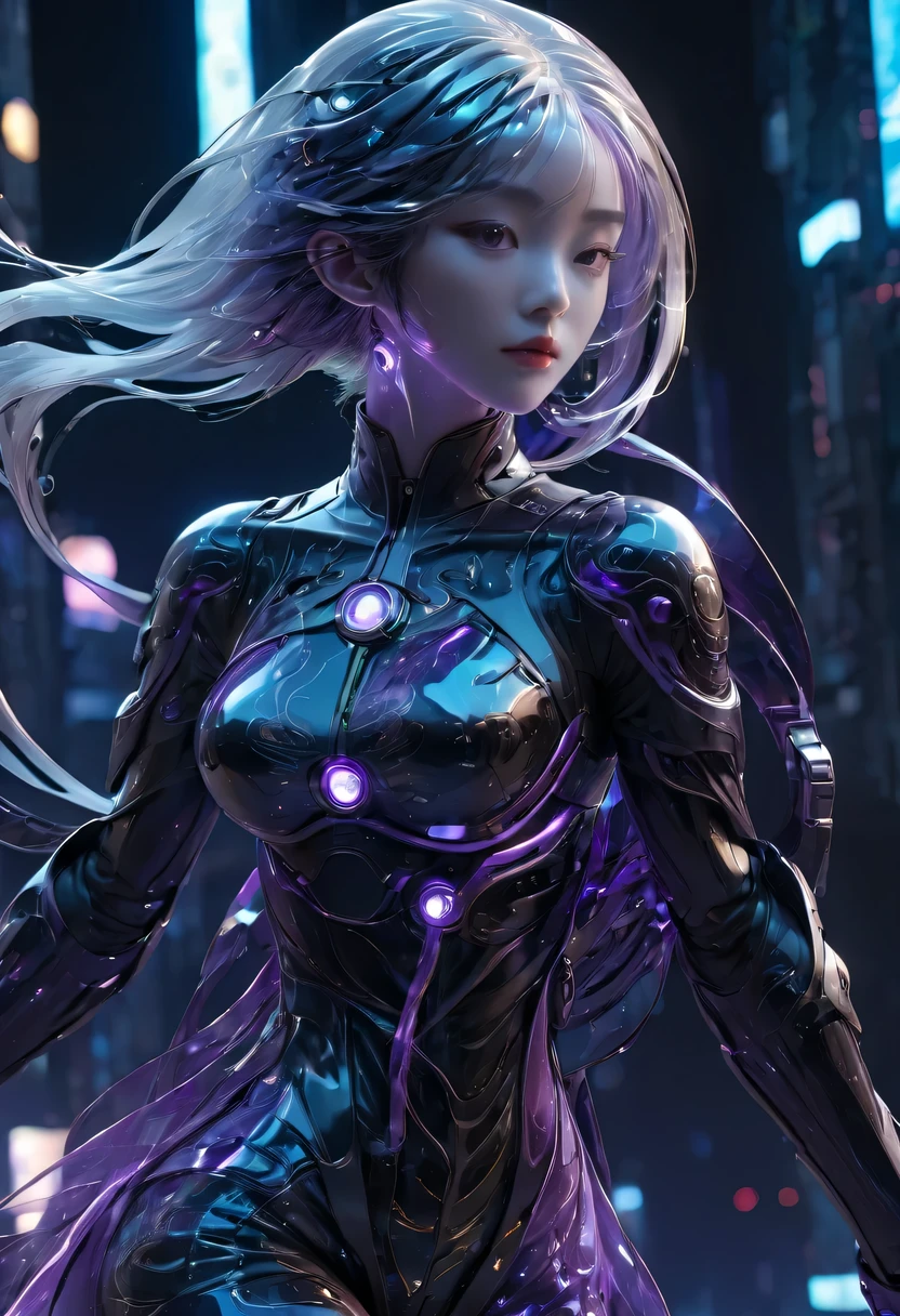 1 girl, Chinese_clothing, liquid purple titanium black, Online Hanfu, On the cheongsam, Cyberpunk City, dynamic poses, Details Illuminated Headphones, Luminous hair accessories, long white hair, Luminous earringss,glow necklace,cyberpunk character, a high-tech city, Full of mechanical and futuristic elements, Afu Futurism, technology,glowing neon lights,purple,purple light,translucent black gauze,black ribbon,laser,Digital background city sky,big moon,with cars,best quality,masterpiece,8k,Character edge light,Ultra high detail,high quality,The most beautiful woman among men,faint smile,The face is symmetrical from side to side,facing forward,earrings,beautiful student,Lighting effects,visual data,Dark black hair,ultra detailed facial texture,Black glossy leather gloves,elevation shooting