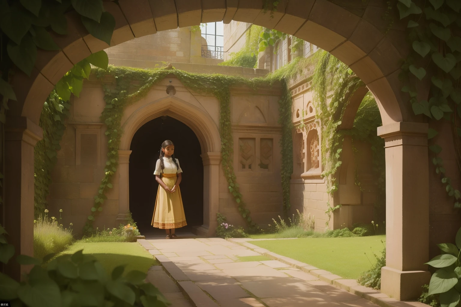 Along the meandering paths of a Victorian maze garden in the 1890s, a freckled ten-year-old Indian girl, in a ruffled blouse and pleated skirt, discovers a hidden alcove adorned with ivy-covered arches and stone benches.