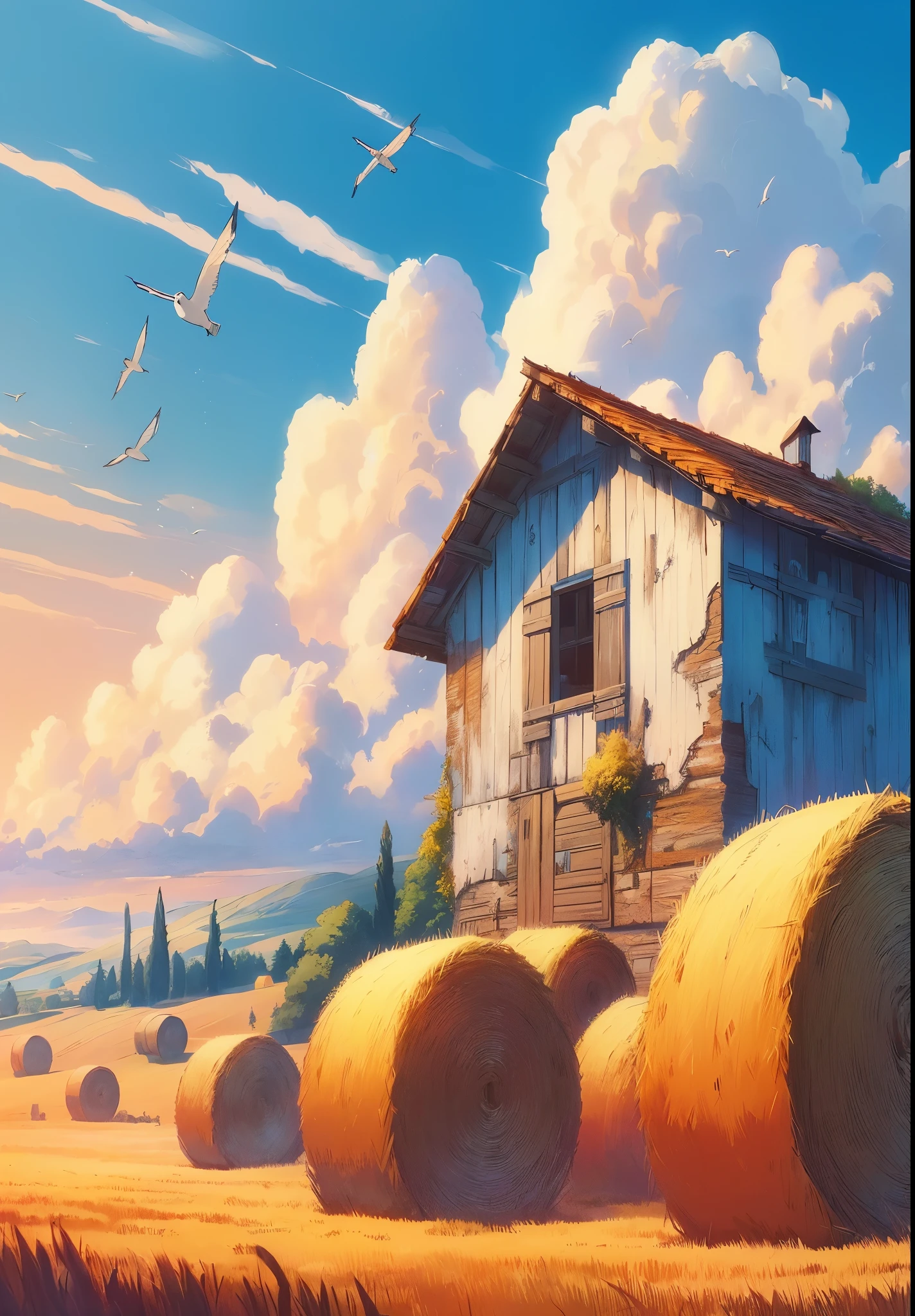 there is a painting of a barn and hay bales in a field, anime countryside landscape, by sylvain sarrailh, a beautiful artwork illustration, ross tran. scenic background, by Kentaro Miura, inspired by Cyril Rolando, beautiful digital artwork, cyril rolando and goro fujita, rob rey and kentaro miura style