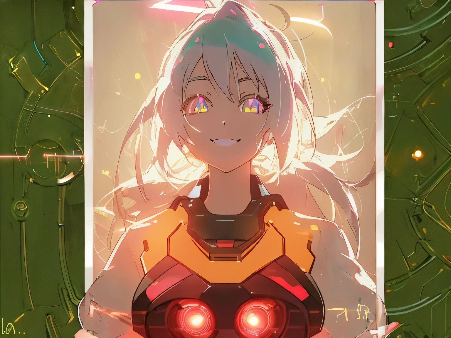 an anime girl smiling, HD, neon light, rim light