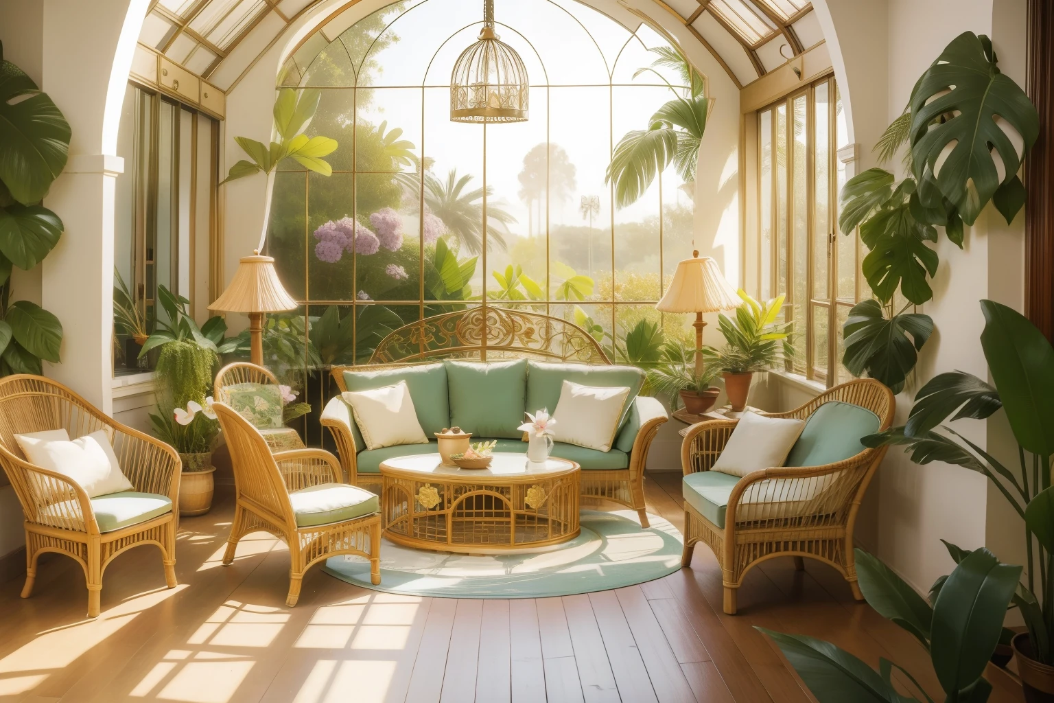 In the sunlit conservatory of a grand Edwardian manor in the 1910s, a -year-oldte gi with golden ringlets, delicately tends to exotic orchids and tropical plants, surrounded by vintage wicker furniture and ornate birdcages.