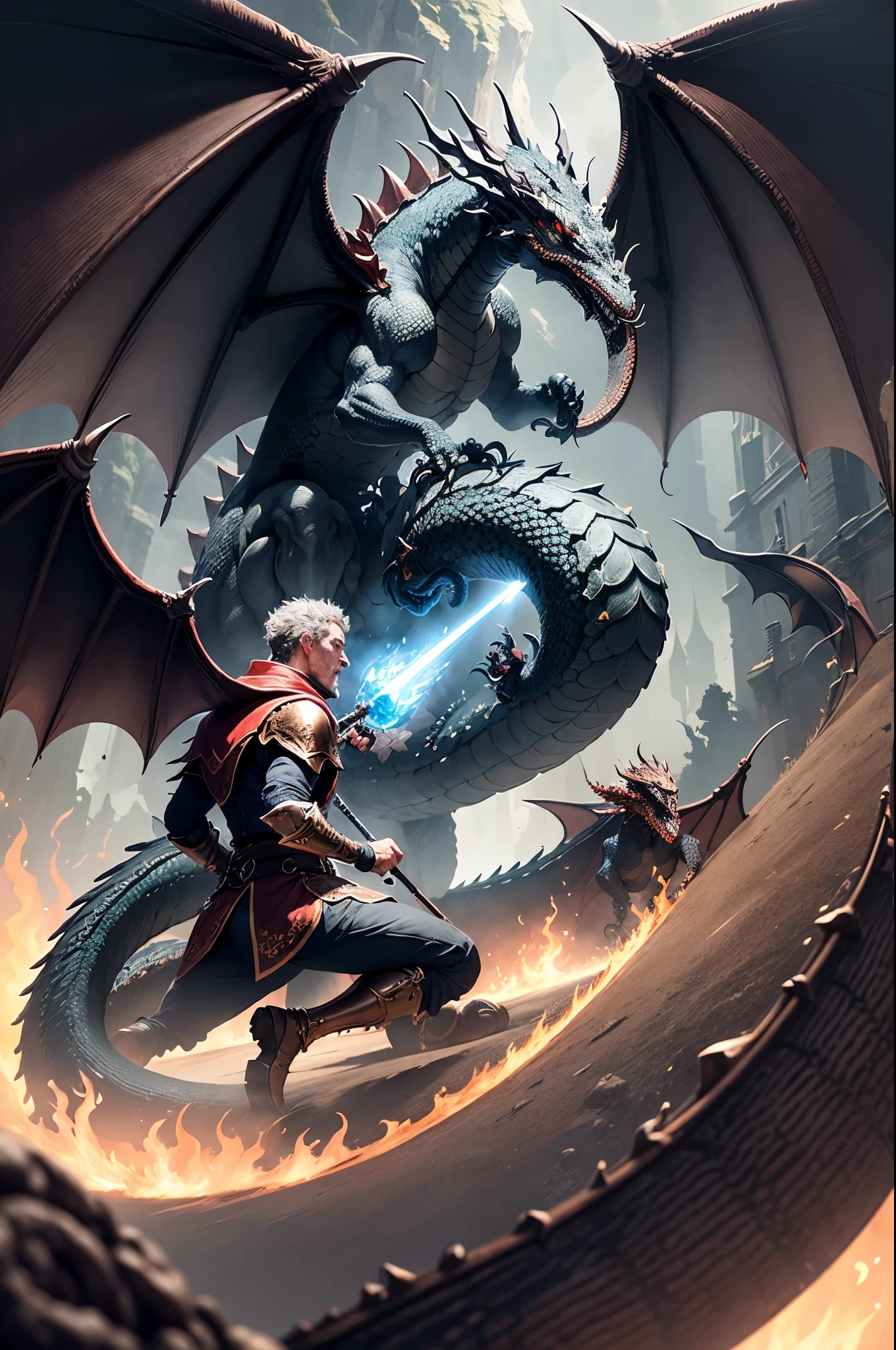 Man wielding zweihander is having a boss right with a multi-headed dragon accompanied by his accomplices in a large circular crystal arena, camera is viewing the action from a distance, Enhanced image, 4k, enhanced details, additional objects