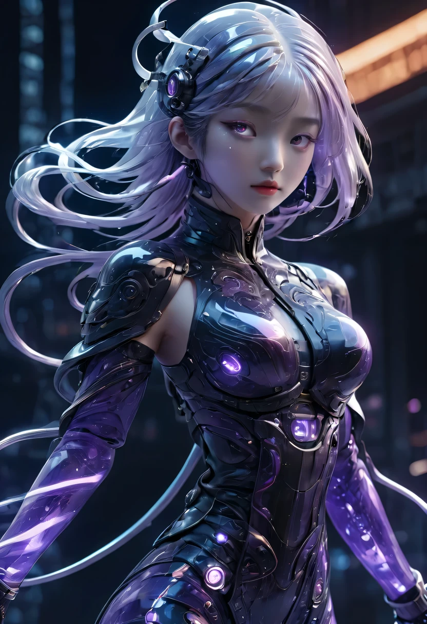 1 girl， Chinese_clothing， liquid purple titanium black， Online Hanfu， On the cheongsam， Cyberpunk City， dynamic poses， Details Illuminated Headphones， Luminous hair accessories， long white hair， Luminous earringss，glow necklace，cyberpunk character， a high-tech city， Full of mechanical and futuristic elements， Afu Futurism， technology，glowing neon lights，purple，purple light，translucent black gauze，black ribbon，laser，Digital background city sky，big moon，with cars，best quality，masterpiece，8k,Character edge light，Ultra high detail，high quality，The most beautiful woman among men，faint smile，The face is symmetrical from side to side，facing forward，earrings，beautiful student，Lighting effects，visual data，Dark black hair，ultra detailed facial texture，Black glossy leather gloves，elevation shooting