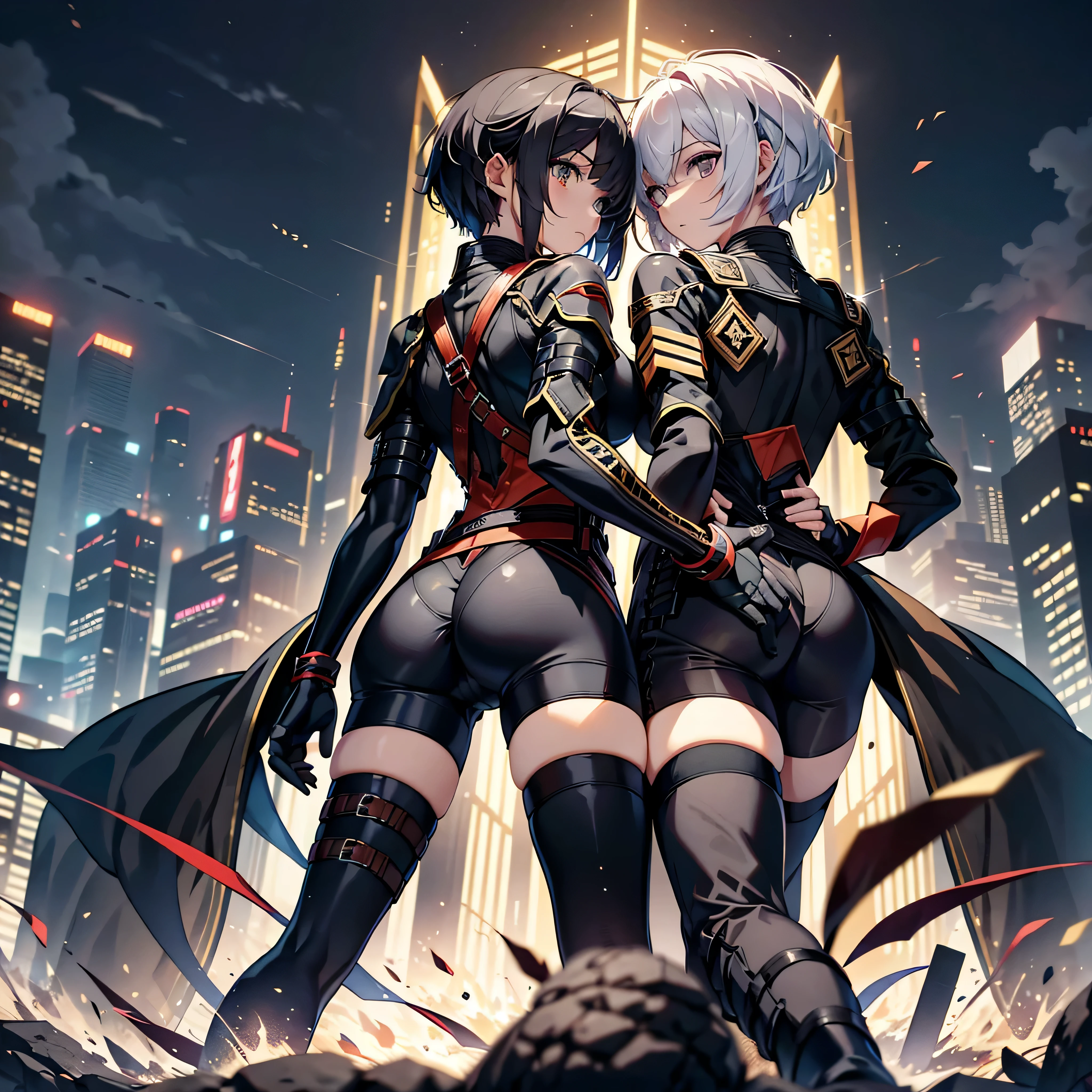 best quality,T Masterpiece,ultimate resolution,fluff,非常にcolorful,colorful,female combatant,(kneeling pose)(pointing at you with his )matuan,Black Super Short Hair,tight combat uniform,tight suit,Steel City Background,night,normal posture,normal posture