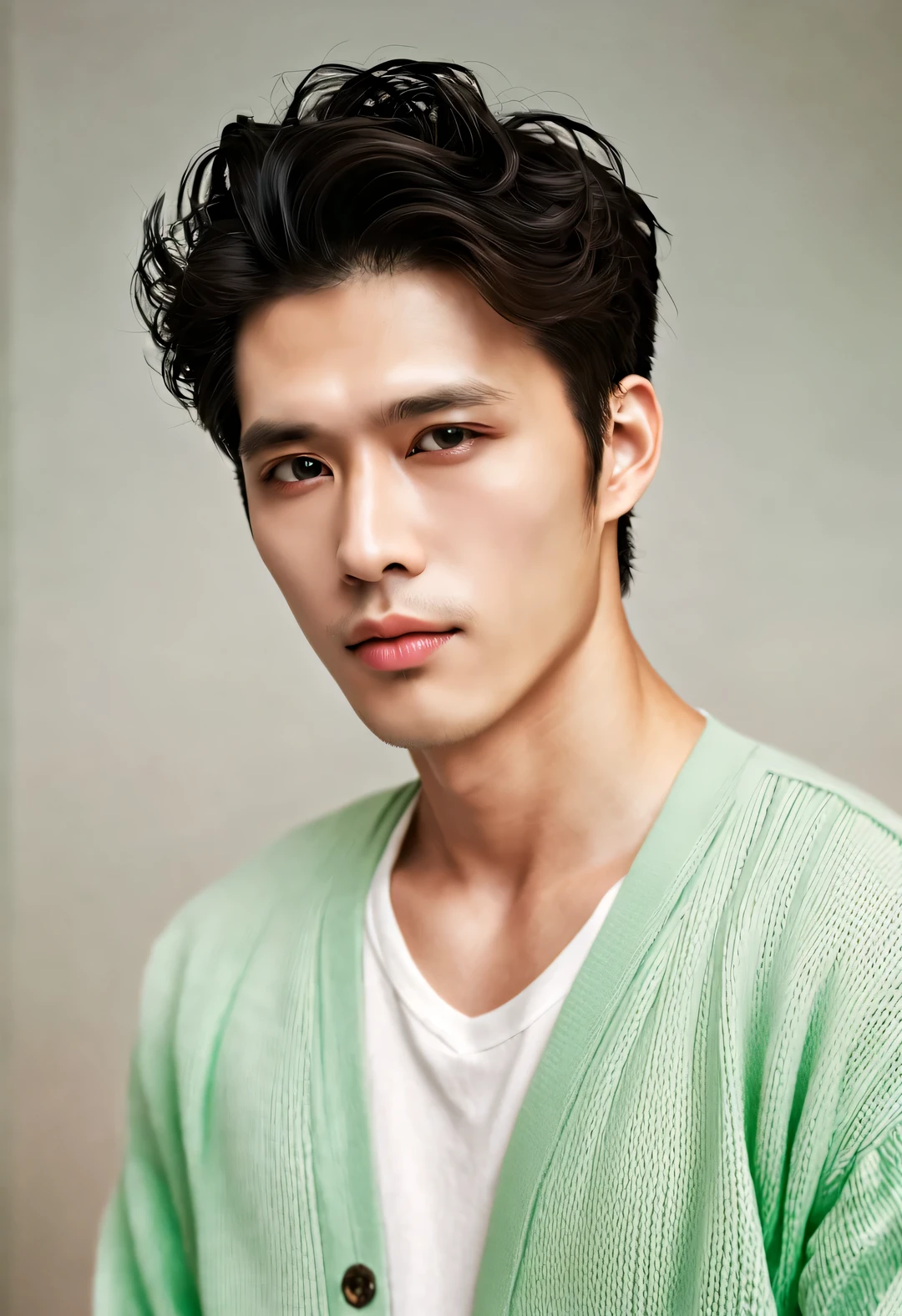 (male character design), Half-length close-up, Staring at the camera,
(Handsome Chinese boy Song Yu looks at the camera), (thick curly short hair: 1.1), (curls), (Wearing a modern and fashionable light green high-end cardigan), Song Yu&#39;s facial features are correct, His face is symmetrical, His eyebrows are long and thick, slightly upward, His eyes were bright and vibrant, Revealing a kind of wisdom and agility. (His lips were rosy and full, slightly upward, His lips were rosy and full), His big sexy mouth, His nose was straight，Does not protrude, His smile is bright and natural, perfect as a sculpture. Song Yi’s skin is fair and delicate, Smooth as white jade，No wrinkles. Skin exudes a healthy glow, Gives people a fresh and pure feeling. His cheeks flushed slightly (Inspired by young actor Brigitte Lin), Revealing a hint of astringency and cuteness, HD, high quality, HD analysis, 32k, Surrealism,