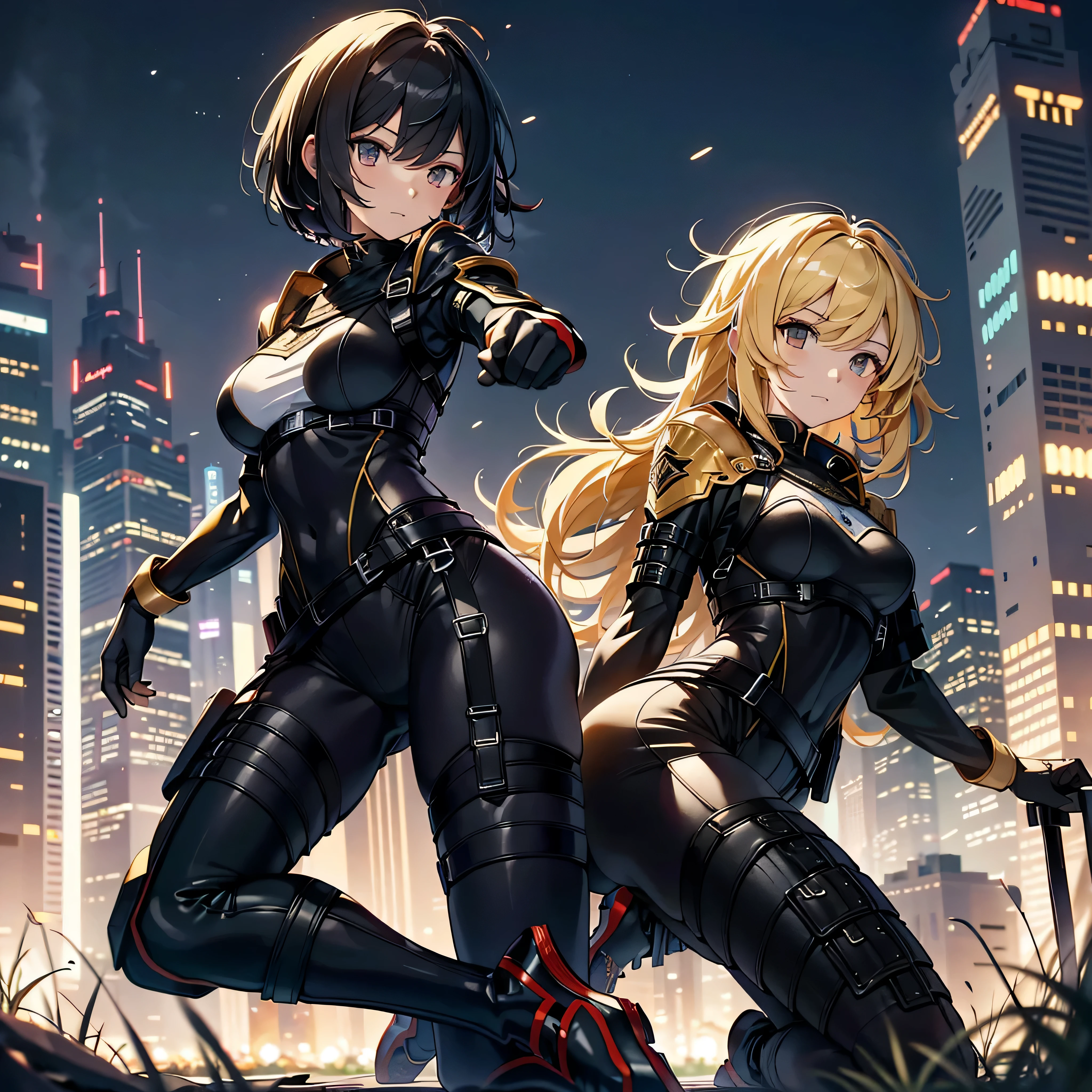 best quality，T Masterpiece，ultimate resolution，fluff，非常にcolorful，colorful，female combatant，（kneeling pose）（pointing at you with his butt）mature woman，Black Super Short Hair，tight combat uniform，tight suit，Steel City Background，night，normal posture，normal posture