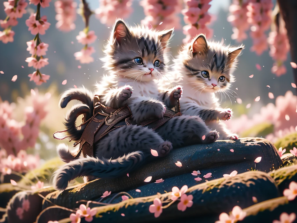 One cat looking straight at the camera in a meadow full of flowers, Warm Light
