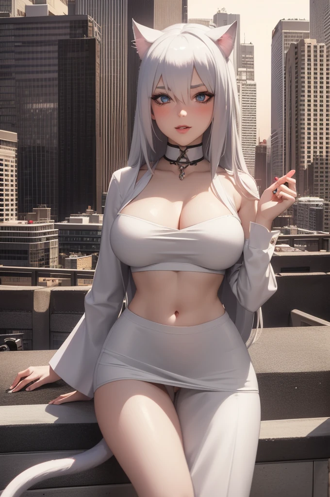 realistic, 8k, highly detailed, 1girl, white hair, detailed eyes, seductive, modern crop top, modern skirt, wide hips, thin waist, huge breasts, parted lips, blush, night, cat ears, cat tail, looking at viewer, light smile, futuristic city skyline, on a balcony