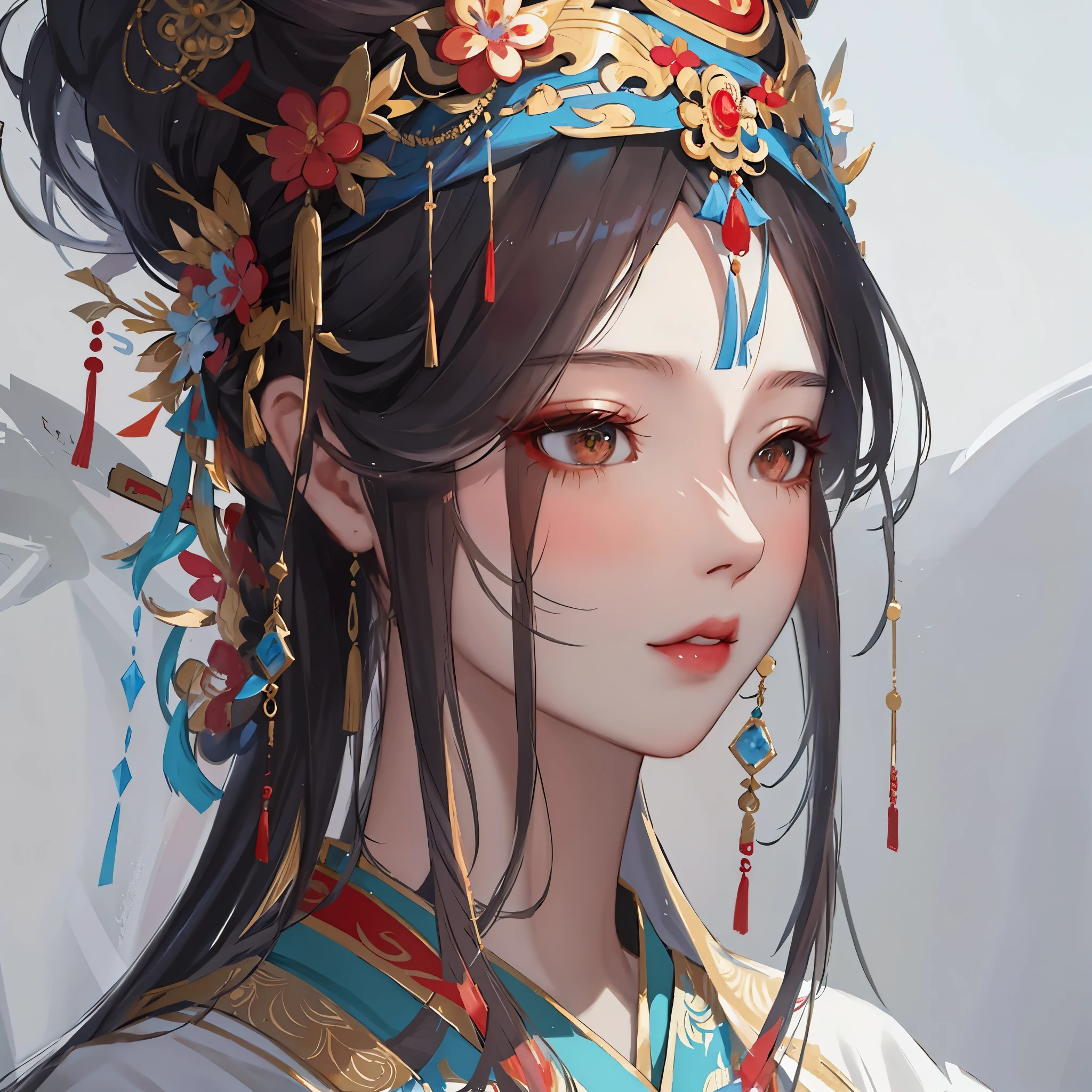 One wears a headdress、Close-up of woman with a flower in her hair, guweiz style artwork, beautiful figure painting, guweiz, palace , A girl wearing Hanfu, Gurwitz Masterpiece, author:Li Song, guweiz on pixiv artstation, guweiz on artstation pixiv, by Yanjun Cheng