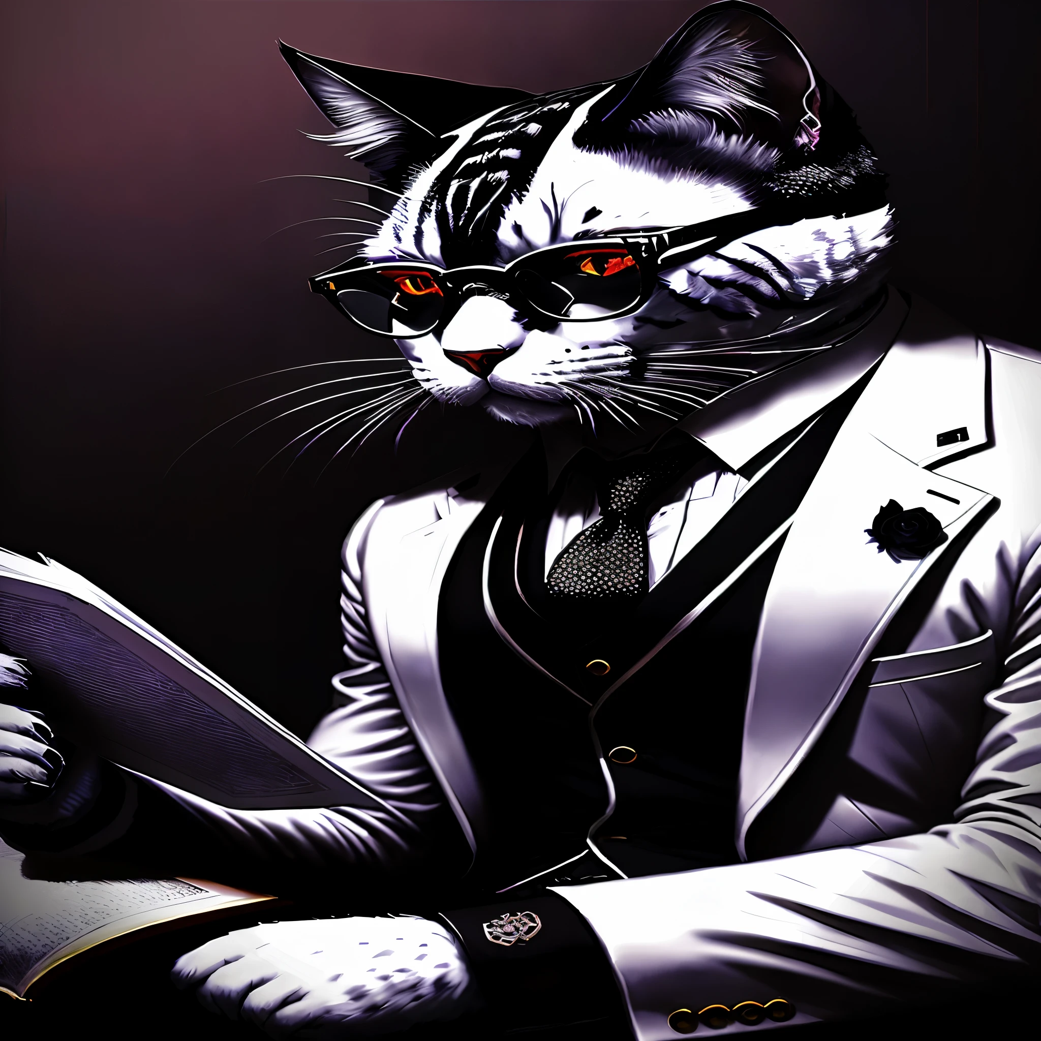 painting of a cat dressed in a suit and tie holding a book, furry digital art, elegant cat, high quality wallpaper, masterpiece anthro portrait, serious business, amazing wallpaper, high quality picture, anthro digital art, looking heckin cool and stylish, anthropomorphic cat, high contrast illustrations, cybercat, cyberpunk cat, in suit with black glasses