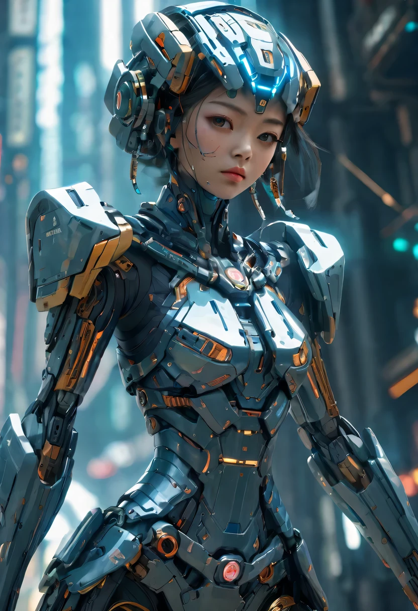 a chinese girl, whole body, clear facial features, amazing facial features, Chinese costumes, Chinese cyberpunk, Cyberpunk city headgear, hair accessories, Super complex design, mechanical mecha, technology, stunning lighting, c4d, Overclocked rendering, rim light, fine light, masterpiece, Super details, epic work, ultra high definition, high quality, 32k