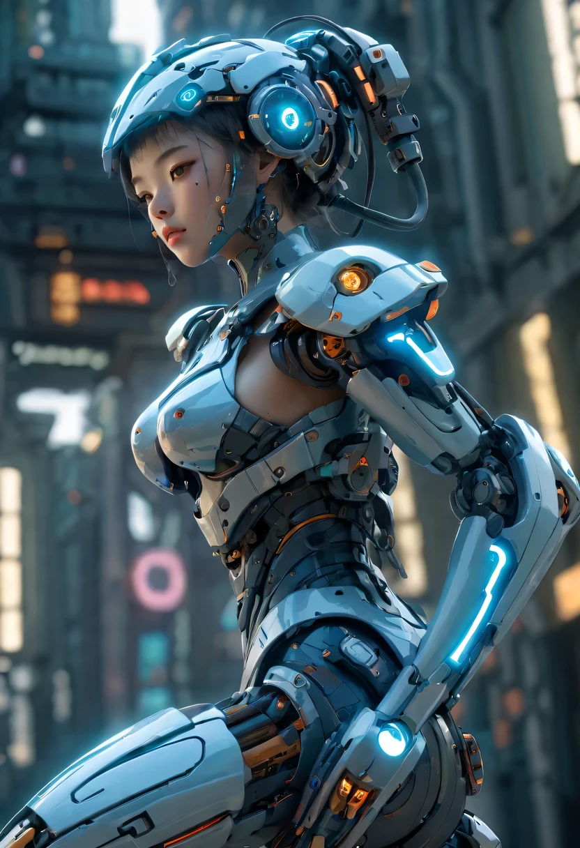 a chinese girl, whole body, clear facial features, amazing facial features, Chinese costumes, Chinese cyberpunk, Cyberpunk city headgear, hair accessories, Super complex design, mechanical mecha, technology, stunning lighting, c4d, Overclocked rendering, rim light, fine light, masterpiece, Super details, epic work, ultra high definition, high quality, 32k