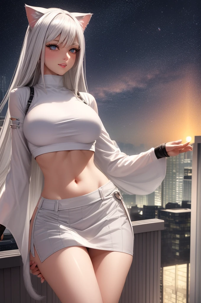 realistic, 8k, highly detailed, 1girl, white hair, detailed eyes, seductive, modern crop top, modern skirt, wide hips, thin waist, huge breasts that do not fit into the crop top, parted lips, blush, night, cat ears, cat tail, looking at viewer, light smile, futuristic city skyline, on a balcony