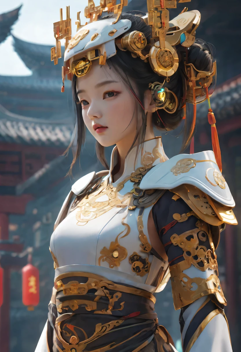A girl in ancient China, whole body, clear facial features, amazing facial features, Chinese costumes, Chinese cyberpunk, Cyberpunk city headgear, hair accessories, Super complex design, mechanical mecha, technology, stunning lighting, c4d, Overclocked rendering, rim light, fine light, masterpiece, Super details, epic work, ultra high definition, high quality, 32k