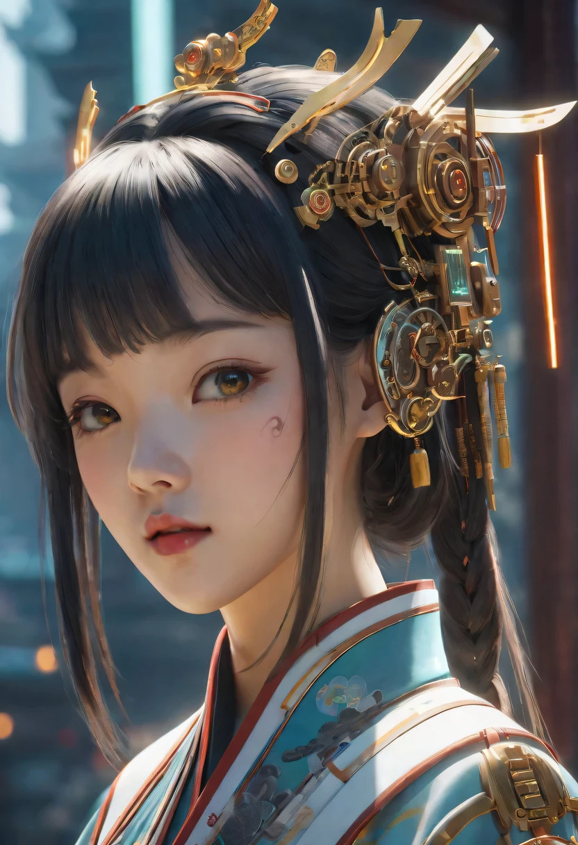 A girl in ancient China, whole body, clear facial features, amazing facial features, Chinese costumes, Chinese cyberpunk, Cyberpunk city headgear, hair accessories, Super complex design, mechanical mecha, technology, stunning lighting, c4d, Overclocked rendering, rim light, fine light, masterpiece, Super details, epic work, ultra high definition, high quality, 32k