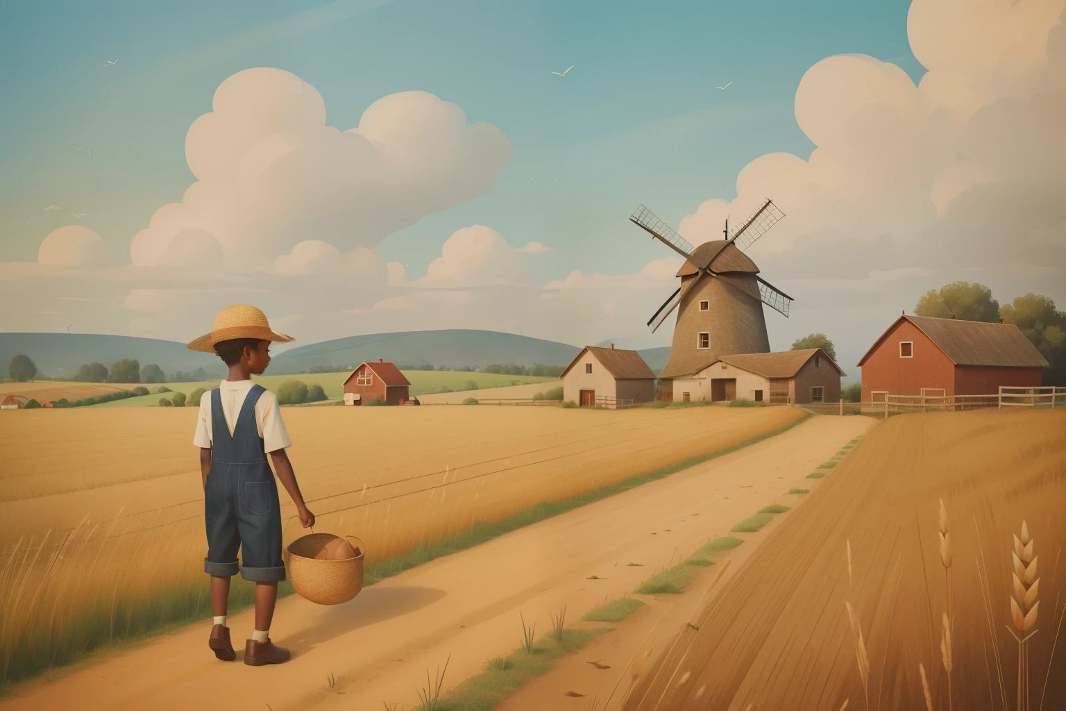 At a countryside farmstead in the 1940s, a -year-olack , wearing overalls and a straw hat, marvels at a rustic windmill amidst rolling fields of wheat, with a red barn in the background and a cloud-dotted sky above.