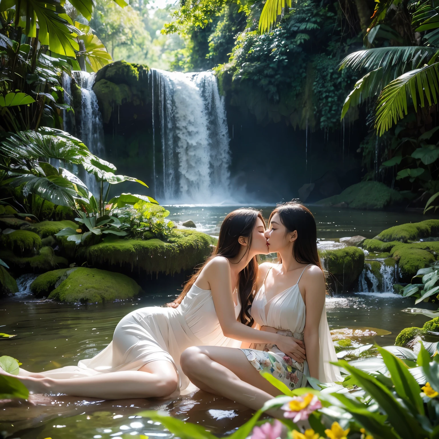 hyper realistic detail photo of people laying and romance kissing on the grass, jungle, waterfall, full color of flowers, soft light, deep focus, bokeh, soft focus, solar flare on the water, The sun is shining through the leaves, Sitting on top of each other