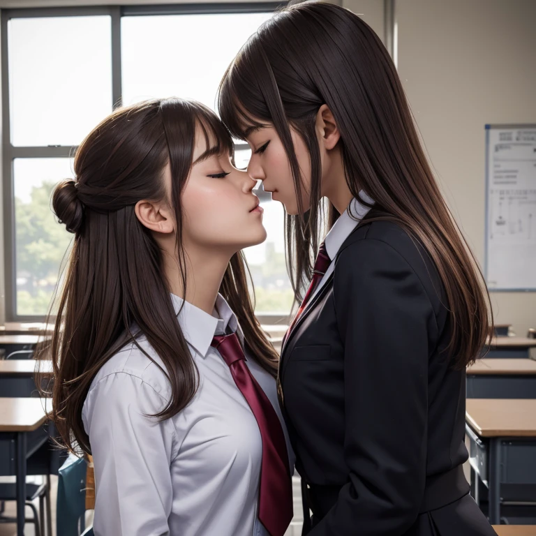 (masterpiece), (highest quality, High resolution, very detailed), high school girl,real women,alone,random hair color,random hairstyle,8K, ultra-detailed,best quality,front view,imminent kiss,closed eyes,portrait,soro girl,uniform,tie,classroom,