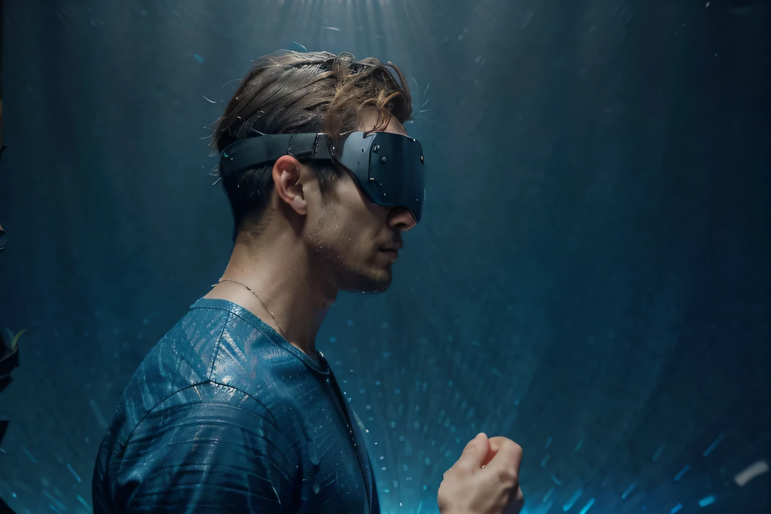 Vue laterale d'un homme portant un casque VR Meta Quest touchant un arbre avec sa main. Effet d'ondes audio circulaires bleues tout autour. Hyper realistic and very bright photo effect. studio lighting.