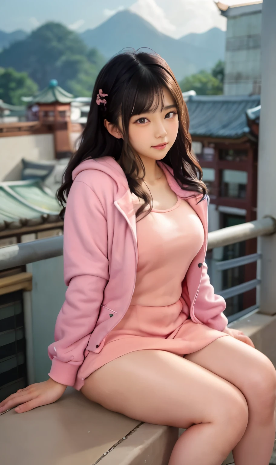 arafed woman sitting on a ledge wearing a pink jacket and black dress, beautiful asian girl, young asian girl, asian girl, young and cute girl, young asian woman, cute young woman, korean girl, shot in canon 50mm f/1.2, beautiful asian woman, smooth pink skin, asian woman, wearing a pink hoodie