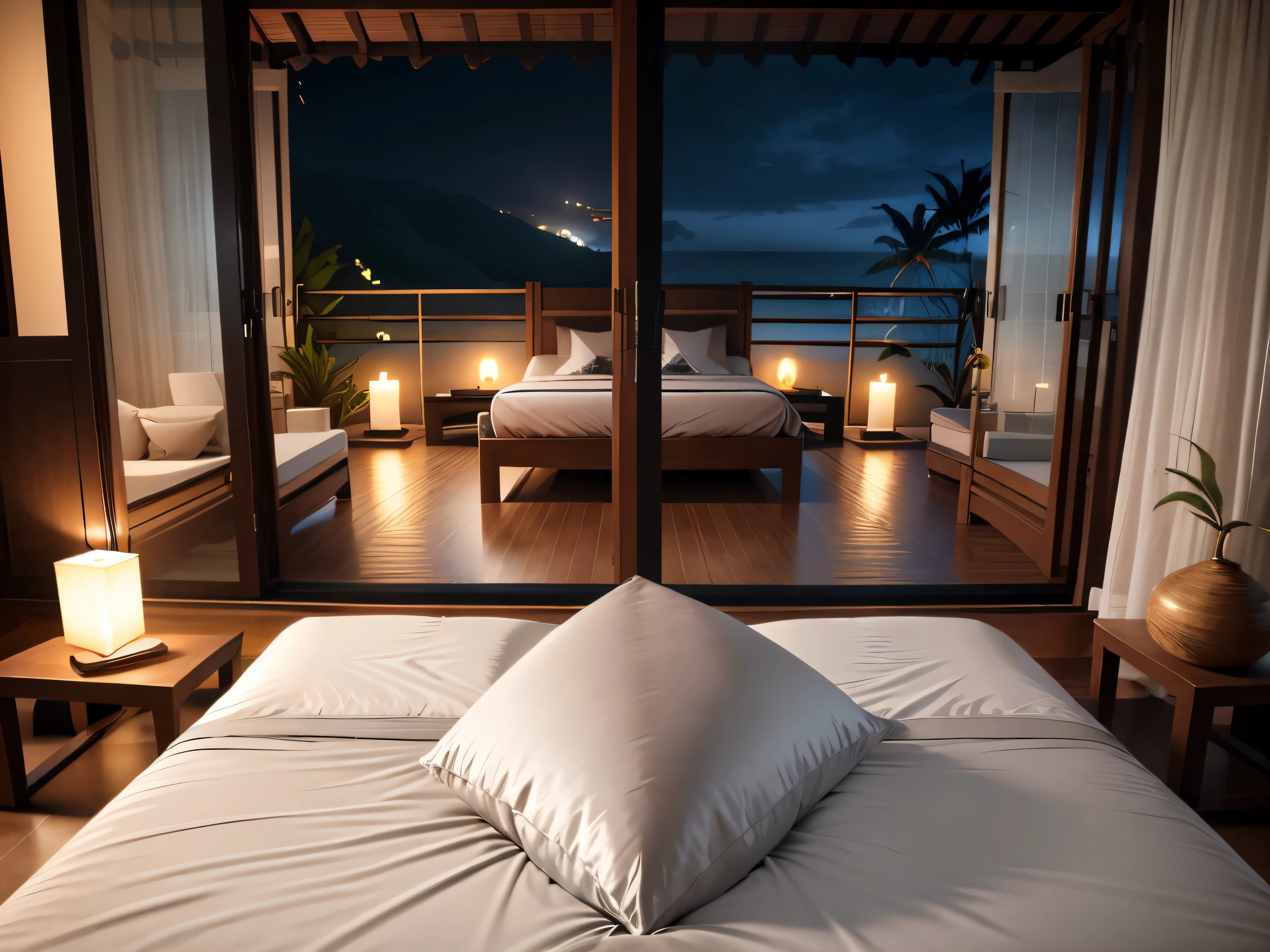 Best quality, ultra-detailed, gray satin single bed at the centre, Bali style living room, Background:wide open window, night beach panorama