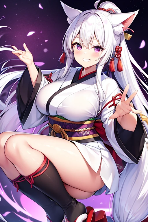 animal ears, 1girl,huge breast,dynamic angle,dutch angle, 
japanese clothes, white hair, kimono, fox ears, fang, purple eyes,wide sleeves, bangs, long sleeves, blush, sleeves past wrists,  solo, sash, very long hair, looking at viewer, hagoromo,  cloud, shawl, white kimono, obi,
(fighting stance:1.2),fire, white hair,very long hair,fox ears, purple eyes, ponytail, hair ornament,parted bangs, japanese clothes,white kimono,geta,tabi,
grin,happy,itako_v1,touhoku itako,