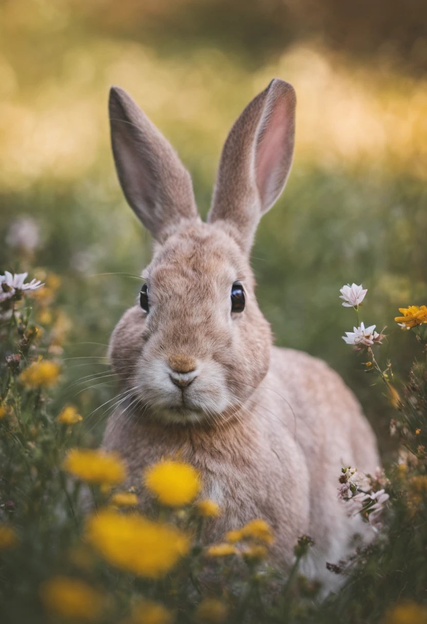 One rabbit looking straight at the camera in a meadow full of flowers, Warm Light