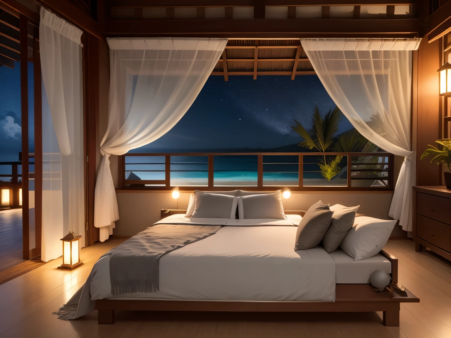 Best quality, ultra-detailed, gray satin single bed at the centre, Bali style living room, Background:wide open window, night beach panorama, stars