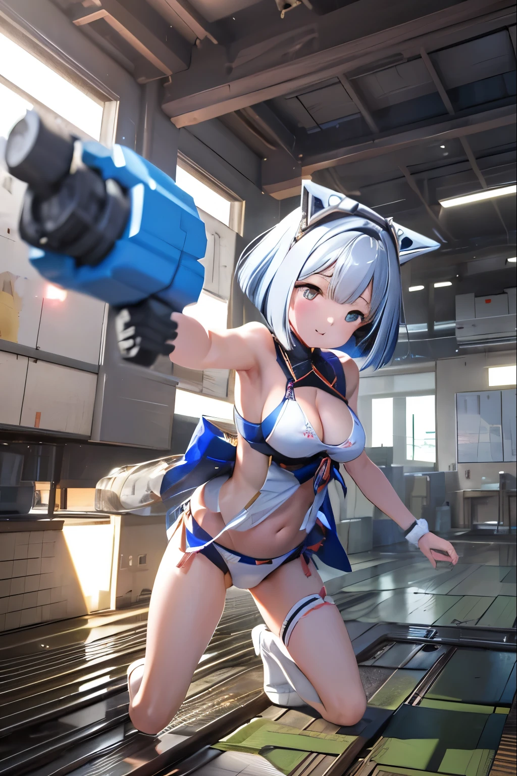 (highest quality)), ((masterpiece)), (very detailed: 1.3), 3D, {(japanese young girl)}, ((wears a futuristic Gundam mecha)),(Gundam), with headgear, with v-fin , ((unarmored cleavage)), ((unarmored stomach)), ((unarmored upper arms)), ((unarmored face)), (unarmored hands), (unarmored waist), ((unarmored thighs)), (unarmored ankles), japanese girl wear light blue and white striped pantie under armor, multilayer textureperfect proportions, octane rendering, duotone lighting, Low ISO, wide aperture, White balance, Rule of thirds, ultra HD16k, HDR (High Dynamic Range), Ray Tracing, NVIDIA RTX, Super Resolution, Subsurface Scattering, PBR Texturing, Post Processing, Anisotropic Filtering, Depth of Field, Maximum Clarity and Clarity, High efficiency subpixel, subpixel convolution, particles of light, light scattered, Tyndall effect, full body:1.5, battle pose, cute, (cute:1.2), (bob cut:1.3),三つ編み, 黒髪, 太い眉毛, 薄い色の虹彩, 大きくて輝いている黒い瞳, 長いまつげ, 小さく薄い色の自然な唇, (Average face of Japanese idols), (日本人特有の童顔:1.3), (baby face), 広いおでこ:1.2, ふっくらした頬, 小さな顎, open legs, spread feet, visible side boob, (メカウィング), (巨大な武器を持っている:1.2), 特大の盾を持っている, in the hangar,looking at viewer,Focus on the eyes