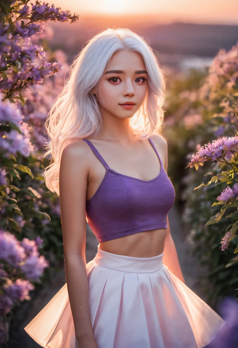 actual, 1 girl, white hair, purple eyes, glowing eyes, crop top, skirt, blush, night, flowers, sun, sunlight,