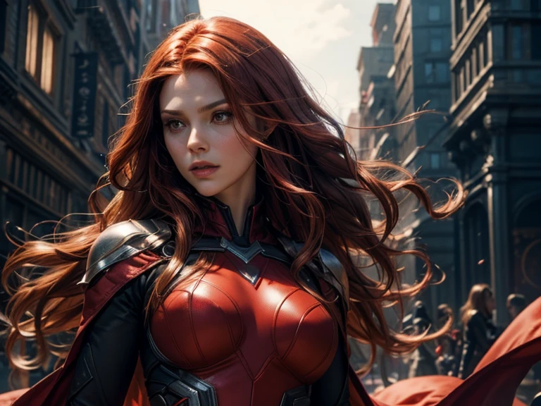 (best quality), (close-up), (headshot), beautiful close shot of the scarlet witch from marvel comics (wavy red hair), (glowing red 1:1), wearing tight black body suit, HDR, 4k, UHD, 3D